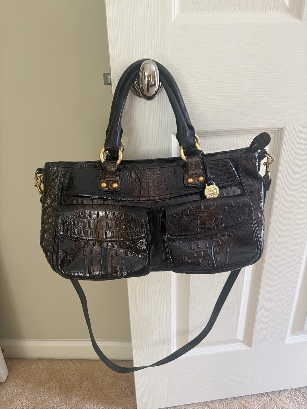 Brahmin Large Croc Embossed Black Onbre Satchel Tote Bag Convertible